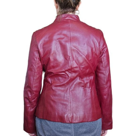 Y2K Oxblood Dark Wine Red M Leather Zipup Jacket Patchwork Pockets Burgundy - Picture 4 of 13
